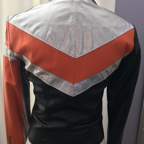 Unique sexy Bebe leather moto jacket size small color block zipper snaps pockets - Picture 5 of 16
